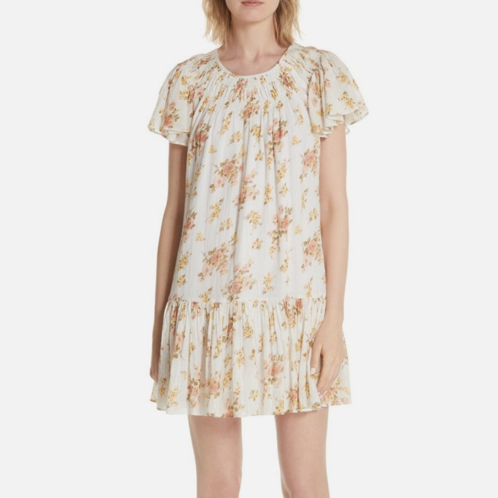 La Vie Rebecca Taylor Metallic Floral Flutter Sleeve  Mini Dress Medium